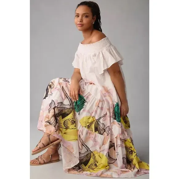 Anthropologie Maeve Pia Binazzi Tiered Off the Shoulder Pink Maxi Dress, Small - Picture 2 of 15